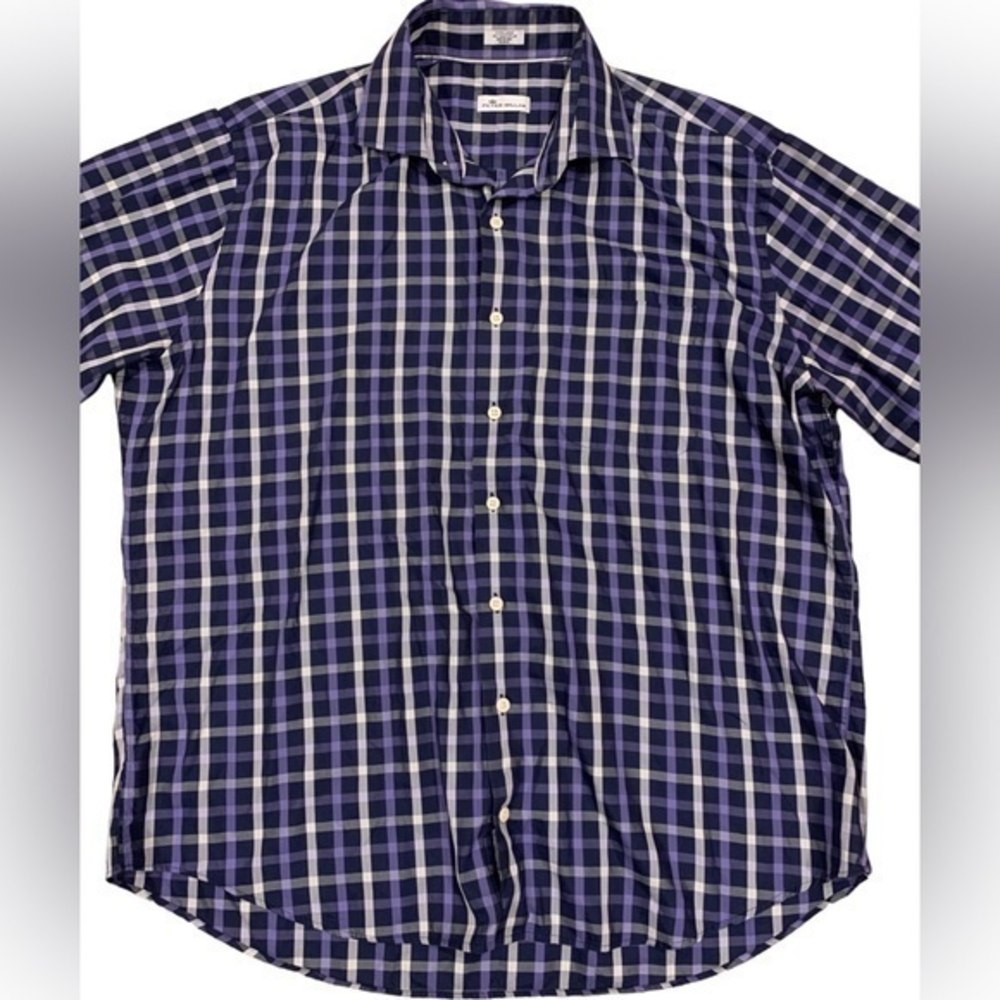 Peter Millar Men Sz X-Large Purple Plaid Checks Cotton Button Down‎ Shirt